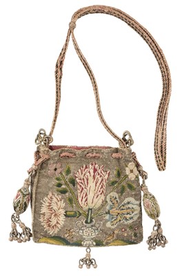 Lot 558 - Embroidered reticule. A drawstring purse or sweet bag, British, early 17th century