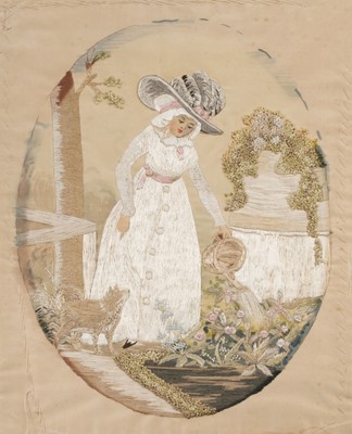Lot 542 - Embroidered Picture. An 18th century-style oval needlework picture, early 20th century, & another