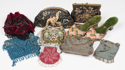 Lot 414 - Bags. A collection of 14 bags & purses, & hats, fans, shoes, & a muff, 19th-early 20th century