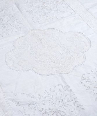 Lot 447 - Household Linen. A hand-worked filet lace and cutwork bedcover, French, circa 1900, & other items