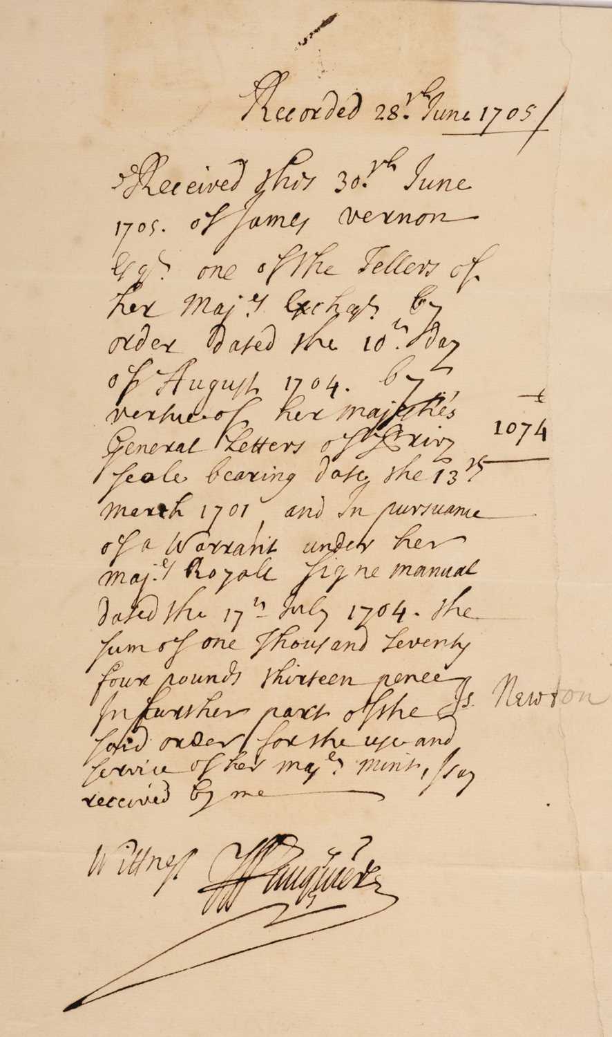 316 - Newton (Isaac, 1642-1727). Document Signed, ‘Is. Newt[on]’, 28 June 1705