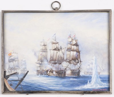 Lot 16 - Hunt (Geoff, died 2008). Trafalgar, oil on card, showing HMS Victory and Redoubtable