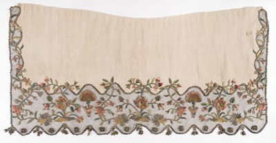 Lot 434 - Embroidered Apron. An English embroidered silk apron panel, early-mid 18th century