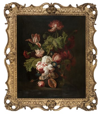 Lot 12 - Verelst (Simon, 1644-1721). Still Life with roses, tulips, carnations & convolvulus in a vase