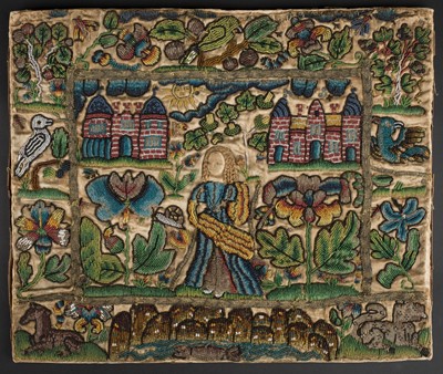 Lot 447 - Beadwork Panel. A rare Charles II beadwork panel, English, circa 1660-1680