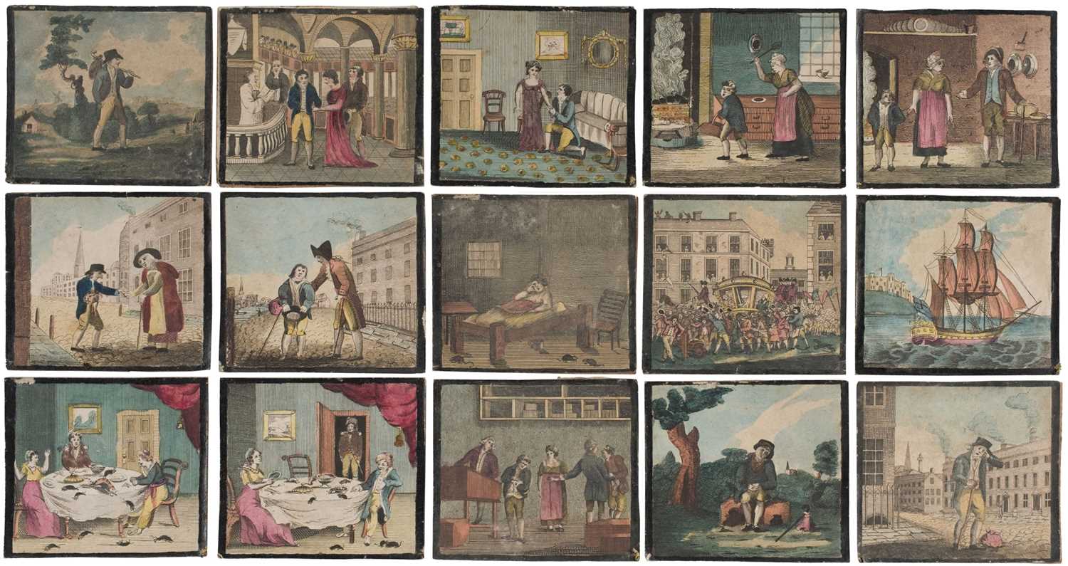 Lot 349 - Dick Whittington. A series of 15 pictorial cards, circa 1810, 15 hand-coloured engravings